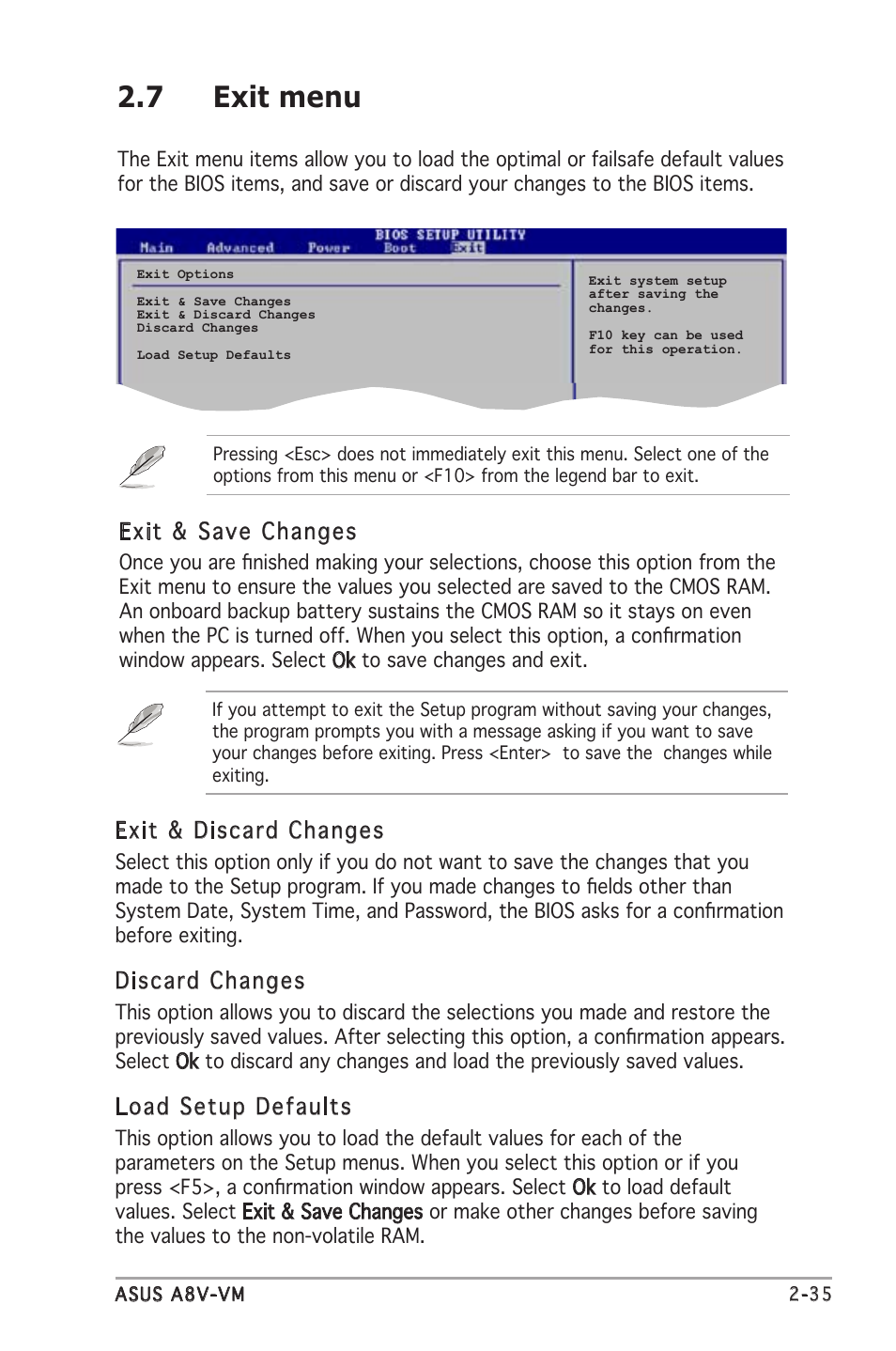 7 exit menu, Exit & discard changes, Discard changes | Load setup defaults, Exit & save changes | Asus A8V-VM User Manual | Page 77 / 84