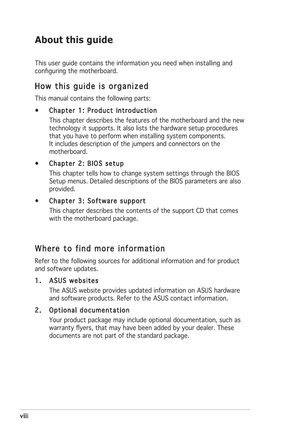 About this guide, How this guide is organized, Where to find more information | Asus A8V-VM User Manual | Page 8 / 84