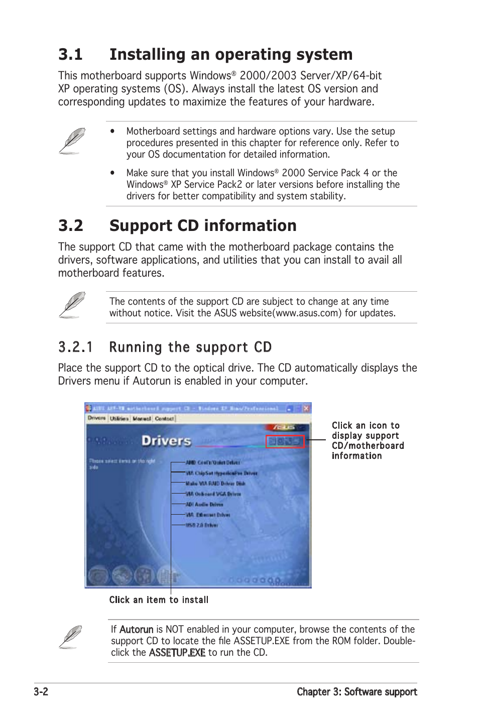 1 installing an operating system, 2 support cd information, 1 running the support cd | Asus A8V-VM User Manual | Page 80 / 84