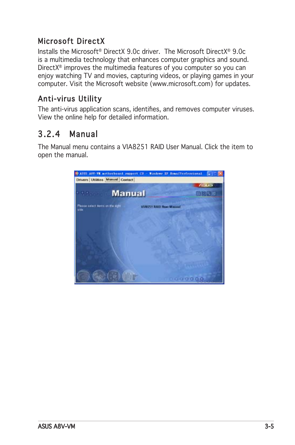4 manual, Microsoft directx, Anti-virus utility | Asus A8V-VM User Manual | Page 83 / 84