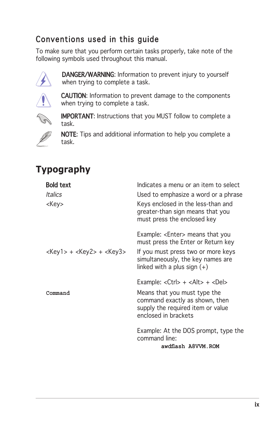 Typography, Conventions used in this guide | Asus A8V-VM User Manual | Page 9 / 84