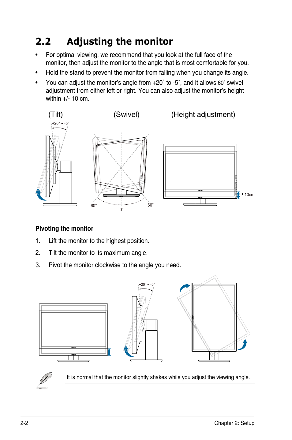 2 adjusting the monitor, Adjusting the monitor -2, Tilt) (swivel) (height adjustment) | Asus PB248Q User Manual | Page 14 / 27