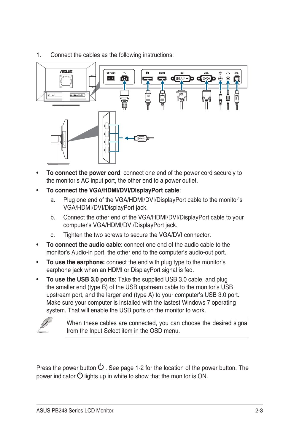 3 connecting the cables, 4 turning on the monitor, Connecting the cables -3 | Turning on the monitor -3 | Asus PB248Q User Manual | Page 15 / 27