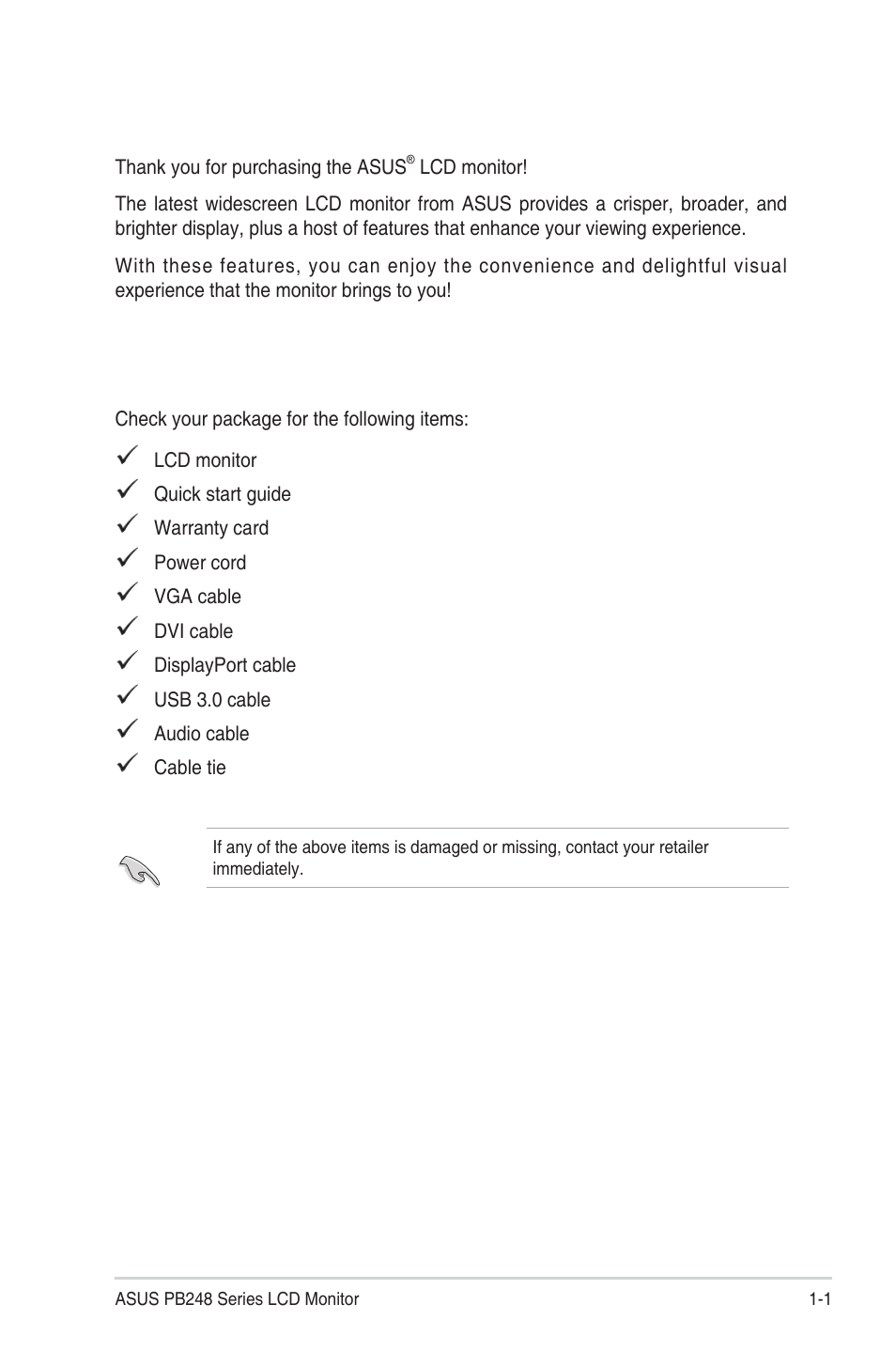 Chapter 1: product introduction, 1 welcome, 2 package contents | Welcome! -1, Package contents -1 | Asus PB248Q User Manual | Page 7 / 27