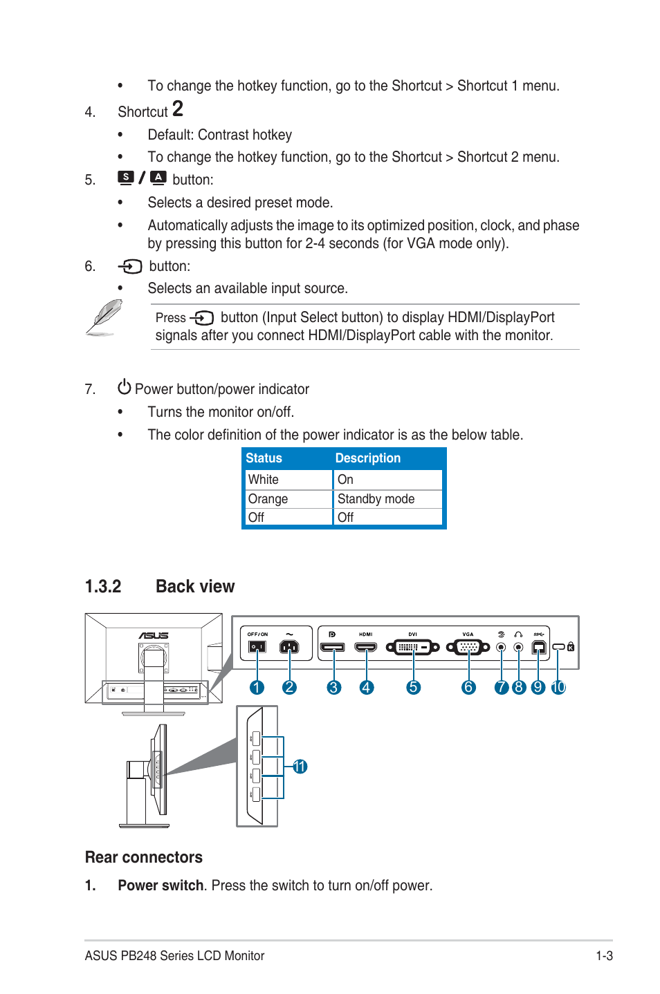 2 back view, Back view -3 | Asus PB248Q User Manual | Page 9 / 27