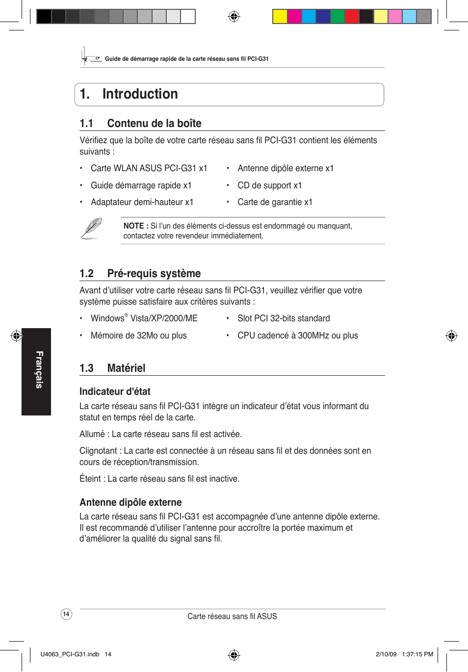  introduction, 2 pré-requissystème, 1 contenudelaboîte | 3 matériel | Asus PCI-G31 User Manual | Page 18 / 87