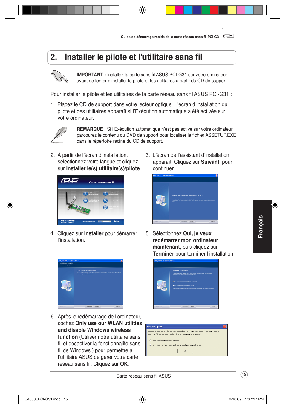 Installer le pilote et l'utilitaire sans fil | Asus PCI-G31 User Manual | Page 19 / 87