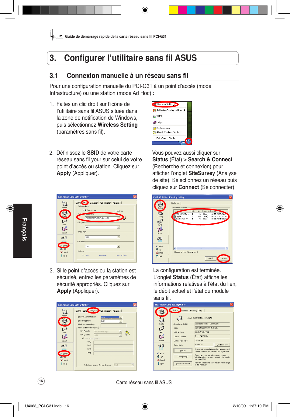 Configurer l’utilitaire sans fil asus, 1 connexion manuelle à un réseau sans fil | Asus PCI-G31 User Manual | Page 20 / 87