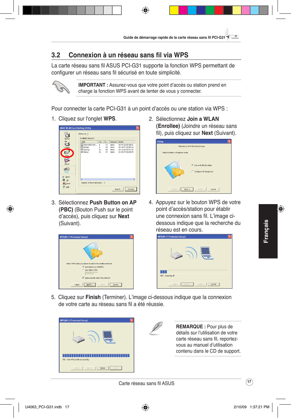 2 connexion à un réseau sans fil via wps | Asus PCI-G31 User Manual | Page 21 / 87