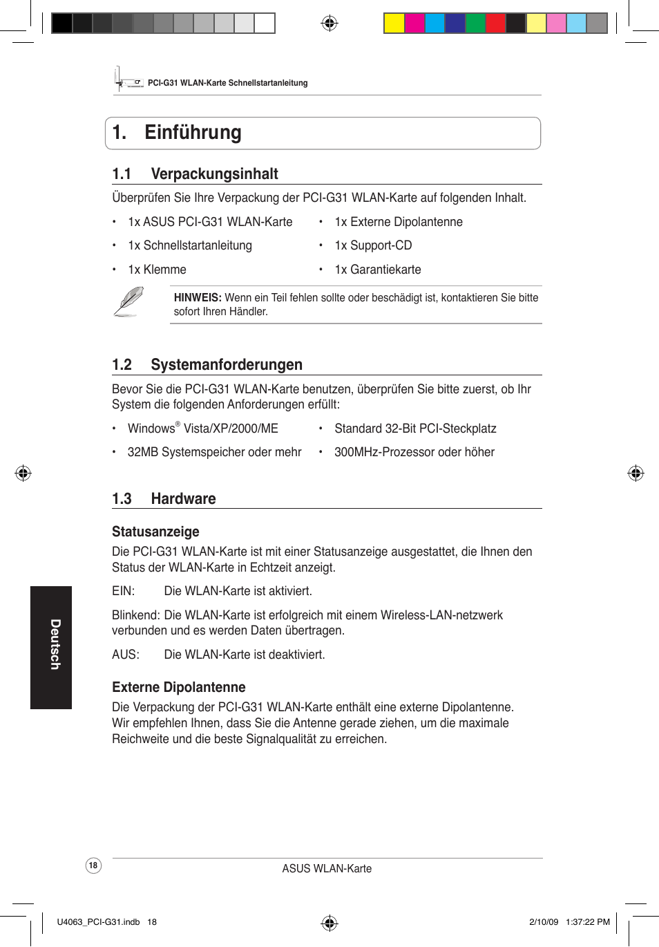  einführung, 2 systemanforderungen, 1 verpackungsinhalt | 3 hardware | Asus PCI-G31 User Manual | Page 22 / 87