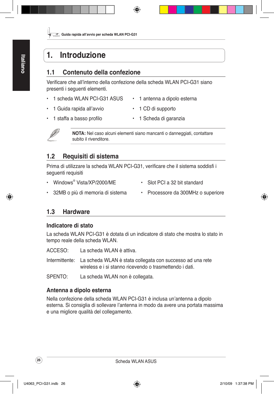  introduzione, 2 requisitidisistema, 1 contenutodellaconfezione | 3 hardware | Asus PCI-G31 User Manual | Page 30 / 87