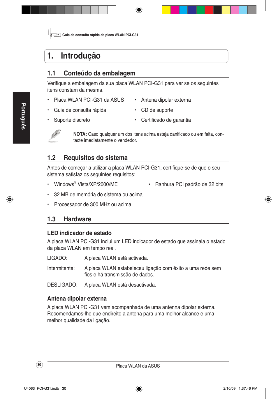  introdução, 2 requisitosdosistema, 1 conteúdodaembalagem | 3 hardware | Asus PCI-G31 User Manual | Page 34 / 87