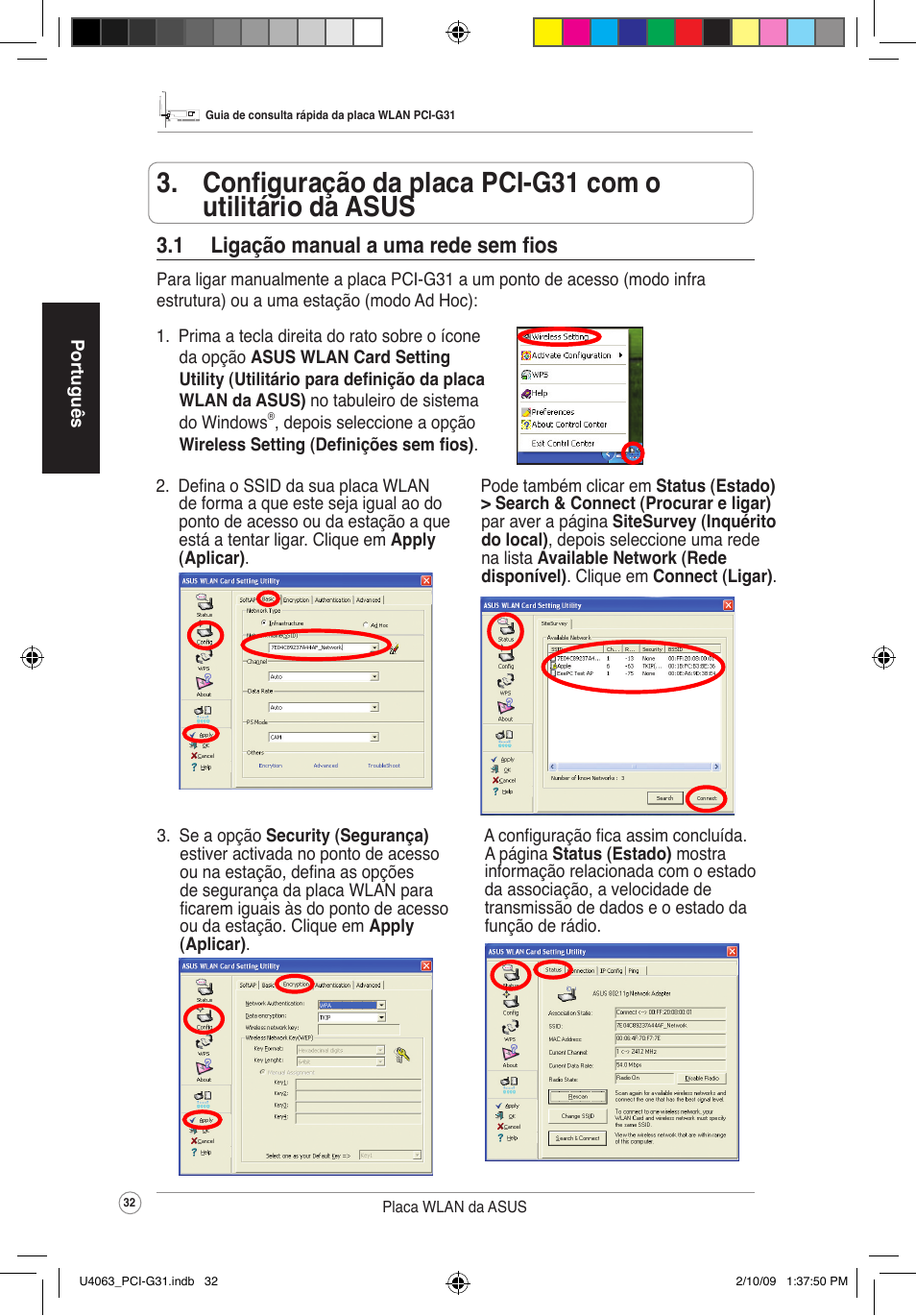 1 ligação manual a uma rede sem fios | Asus PCI-G31 User Manual | Page 36 / 87