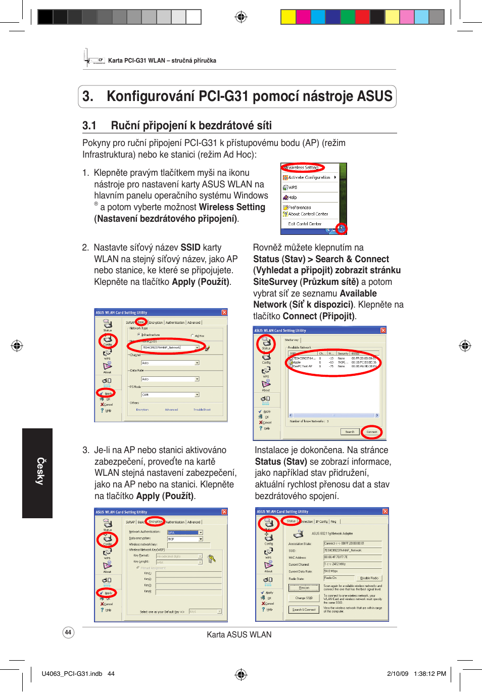 Konfigurování pci-g31 pomocí nástroje asus, 1 ruční připojení k bezdrátové síti | Asus PCI-G31 User Manual | Page 48 / 87