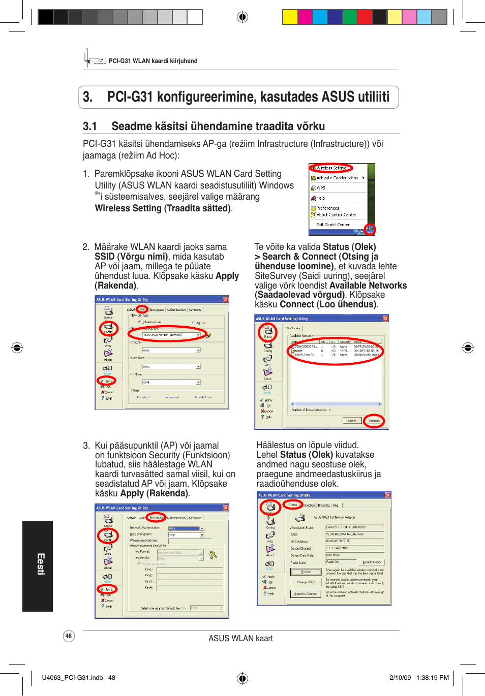 Pci-g31 konfigureerimine, kasutades asus utiliiti, 1 seadme käsitsi ühendamine traadita võrku | Asus PCI-G31 User Manual | Page 52 / 87