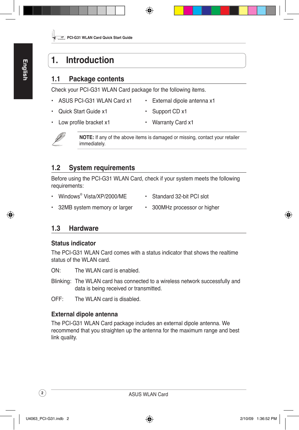  introduction, 2 systemrequirements, 1 packagecontents | 3 hardware | Asus PCI-G31 User Manual | Page 6 / 87