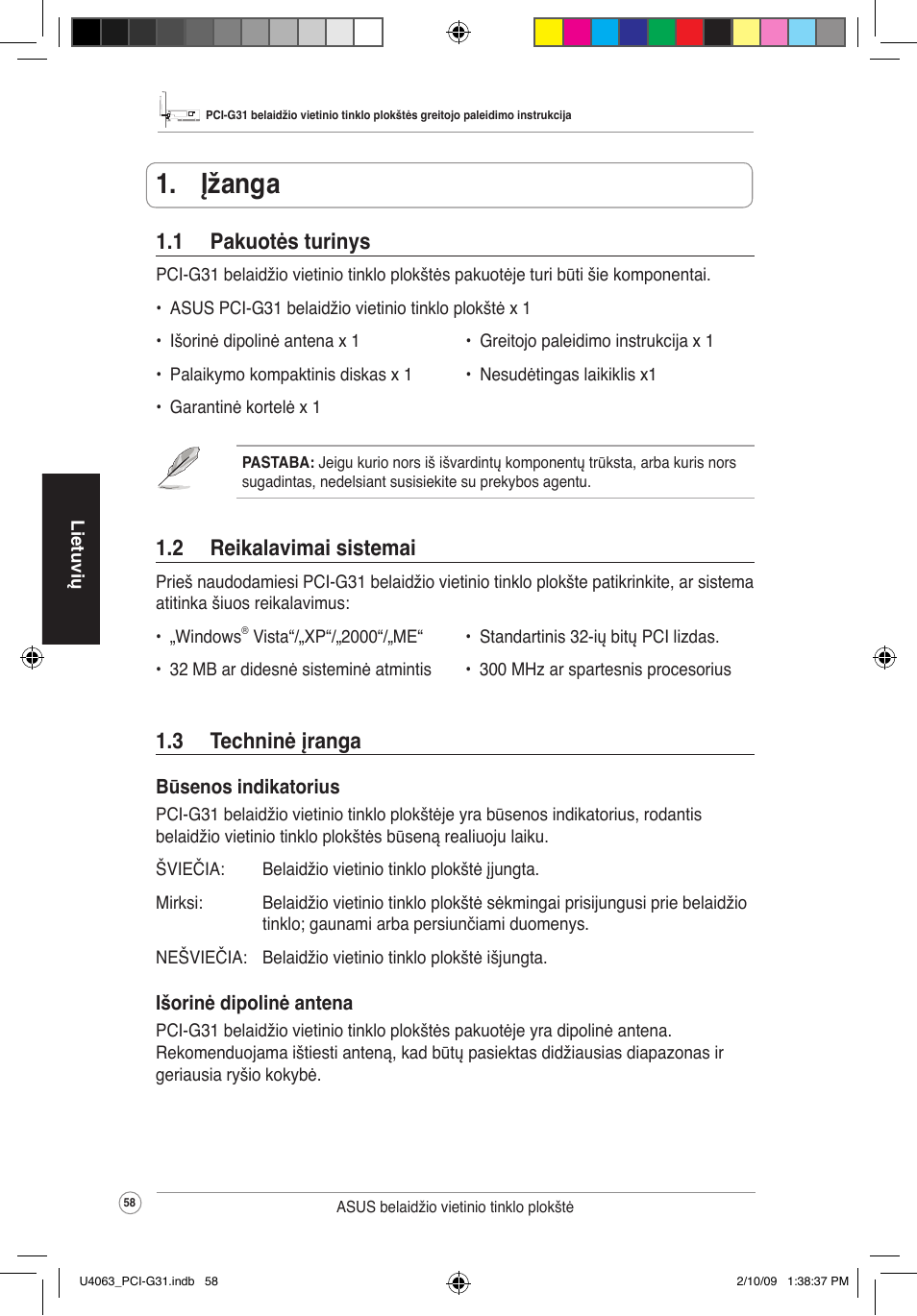 Įžanga, 2 reikalavimaisistemai, 1 pakuotės turinys | 3 techninė įranga | Asus PCI-G31 User Manual | Page 62 / 87
