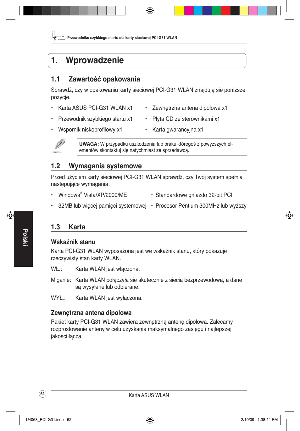  wprowadzenie, 2 wymaganiasystemowe, 1 zawartość opakowania | 3 karta | Asus PCI-G31 User Manual | Page 66 / 87