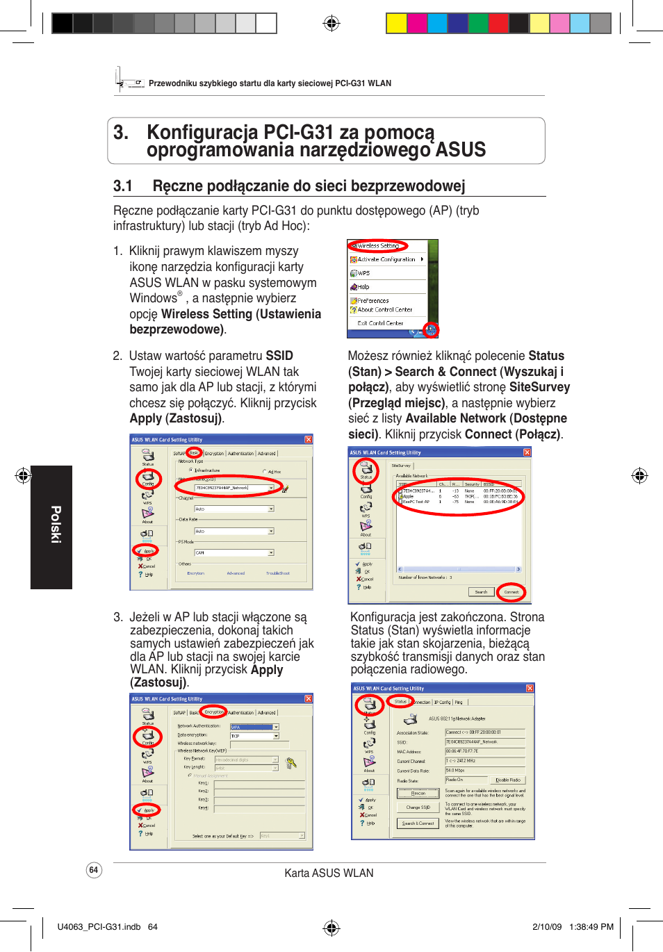 1 ręczne podłączanie do sieci bezprzewodowej | Asus PCI-G31 User Manual | Page 68 / 87