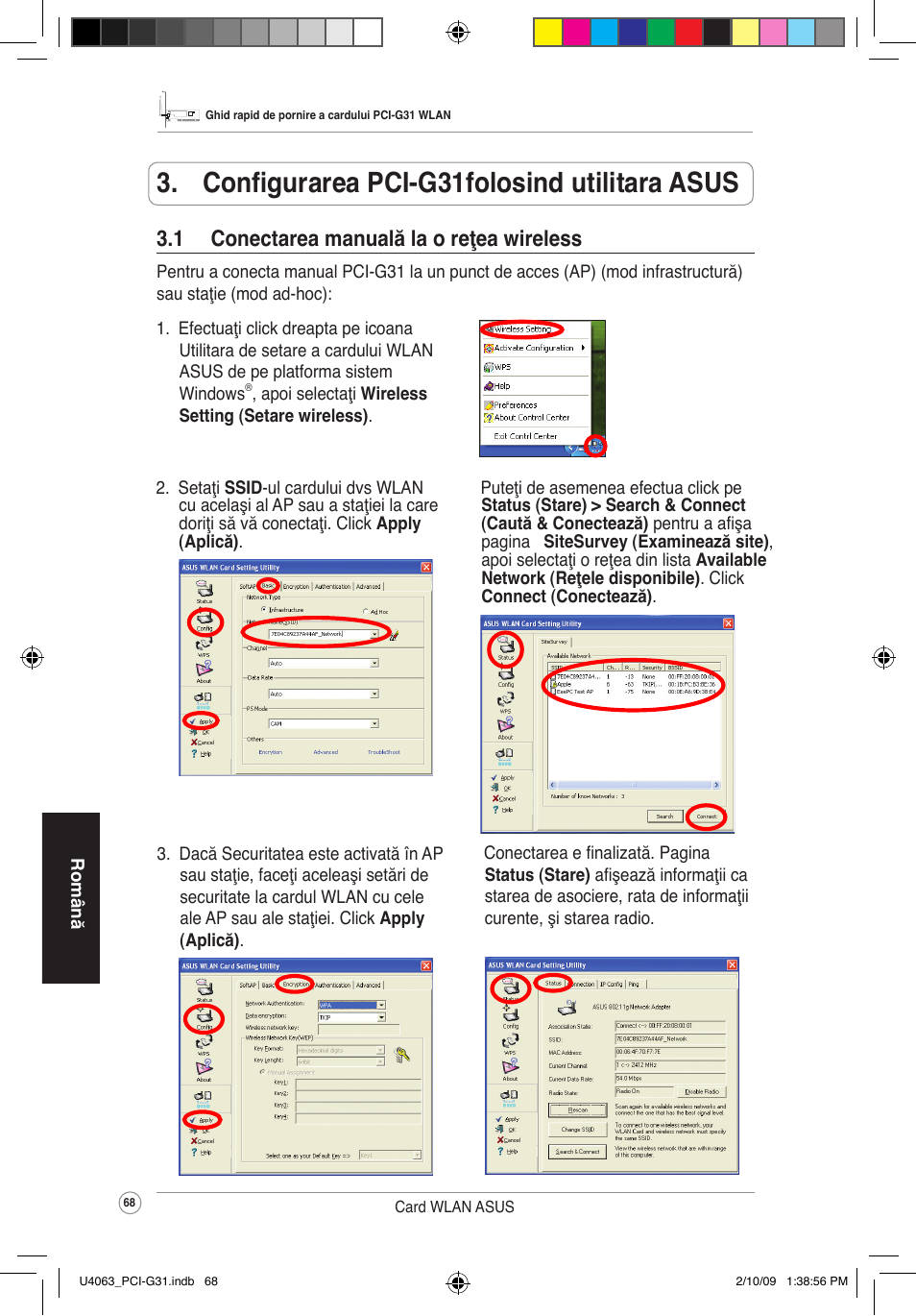 Configurarea pci-g31folosind utilitara asus, 1 conectarea manuală la o reţea wireless | Asus PCI-G31 User Manual | Page 72 / 87