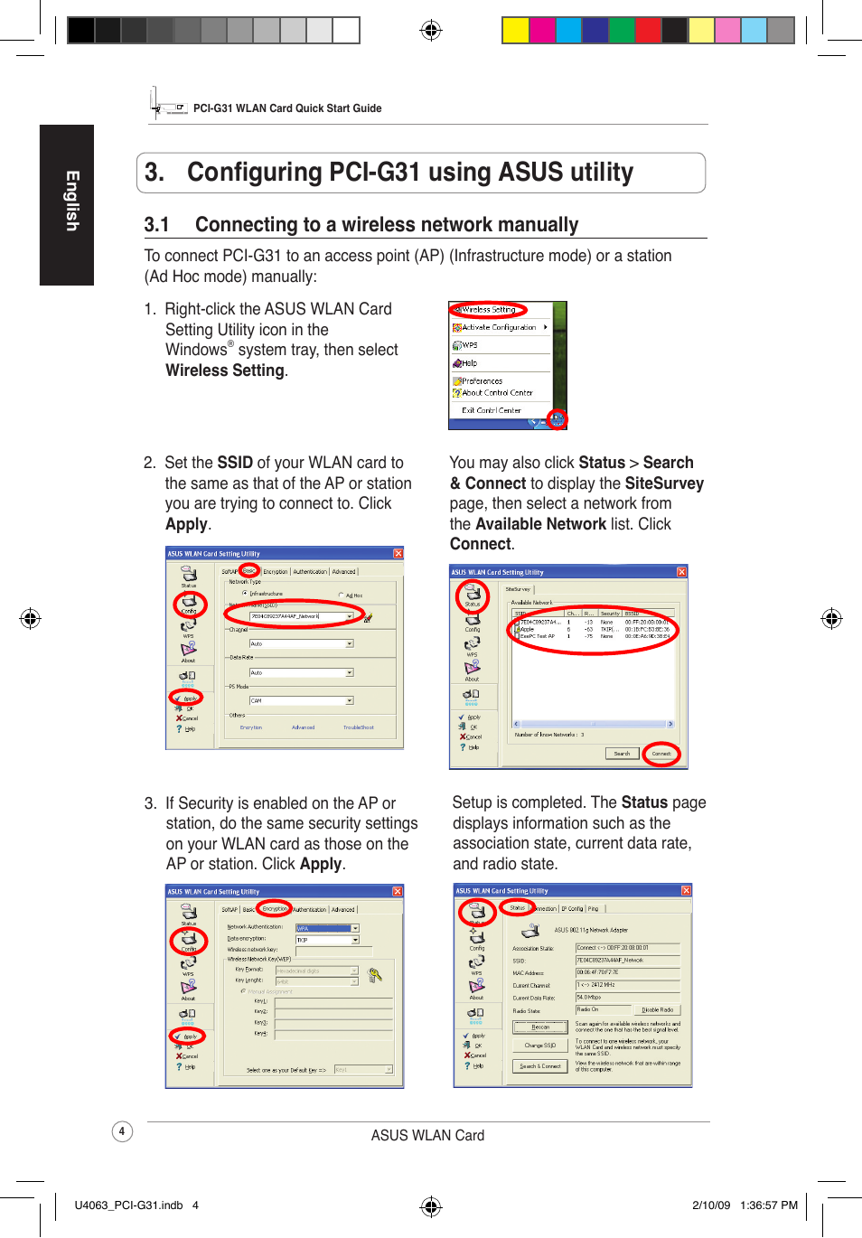 Configuring pci-g31 using asus utility, 1 connectingtoawirelessnetworkmanually | Asus PCI-G31 User Manual | Page 8 / 87