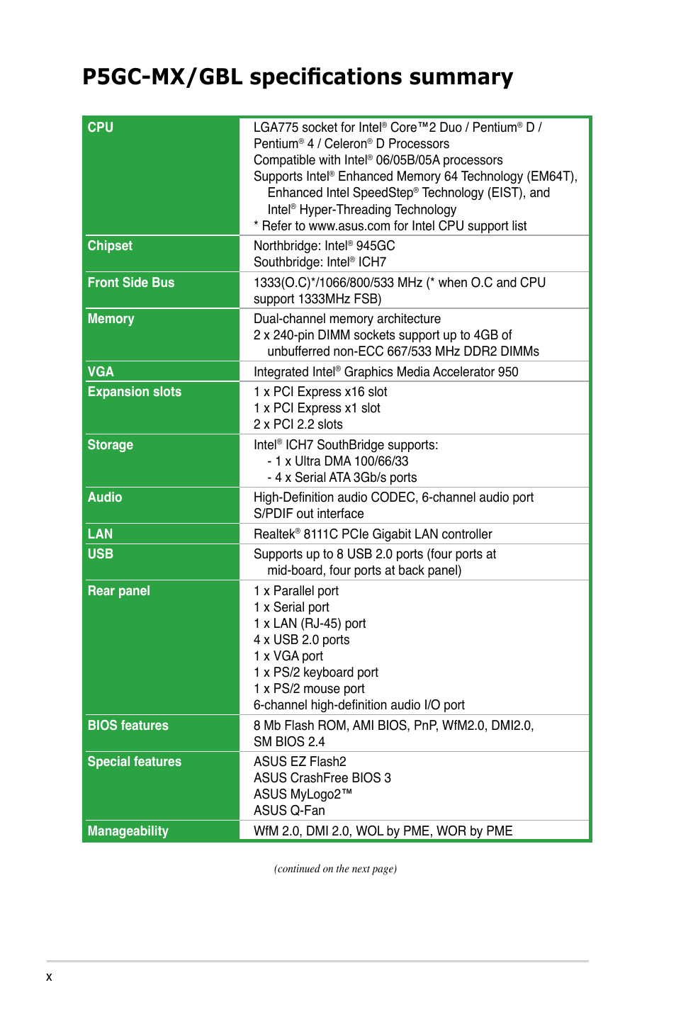 P5gc-mx/gbl specifications summary | Asus P5GC-MX/GBL User Manual | Page 10 / 96