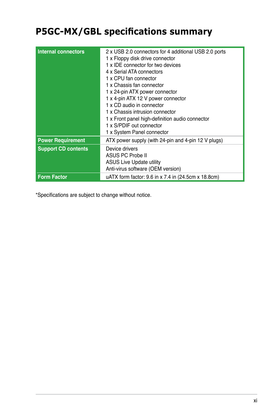 P5gc-mx/gbl specifications summary | Asus P5GC-MX/GBL User Manual | Page 11 / 96