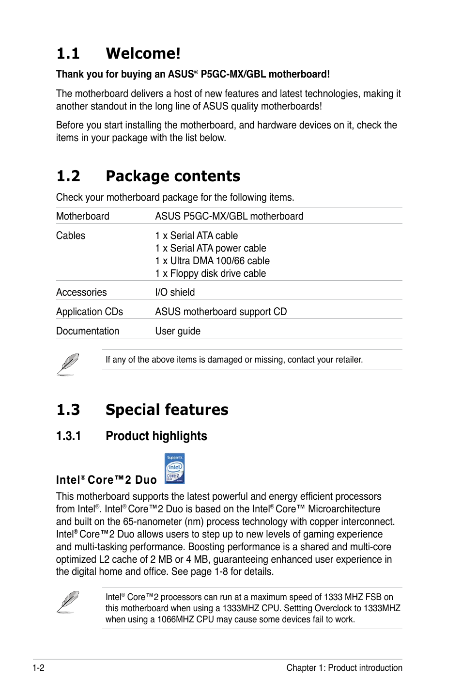 1 welcome, 2 package contents, 3 special features | 1 product highlights | Asus P5GC-MX/GBL User Manual | Page 14 / 96