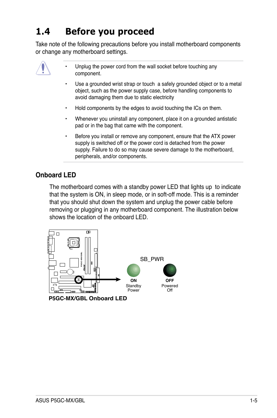4 before you proceed, Onboard led | Asus P5GC-MX/GBL User Manual | Page 17 / 96