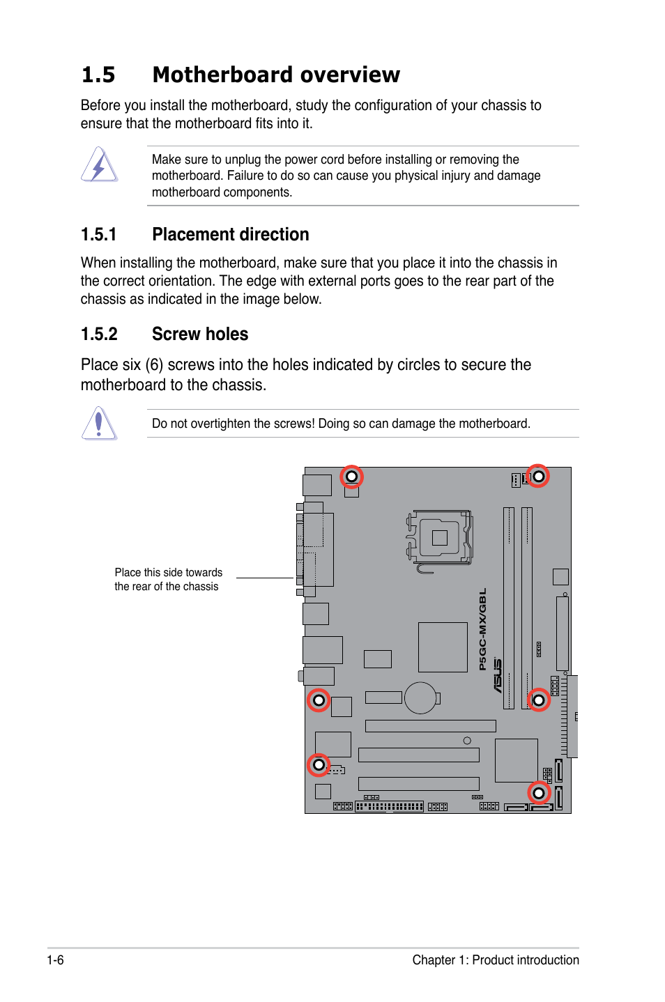 5 motherboard overview, 1 placement direction, 2 screw holes | Asus P5GC-MX/GBL User Manual | Page 18 / 96