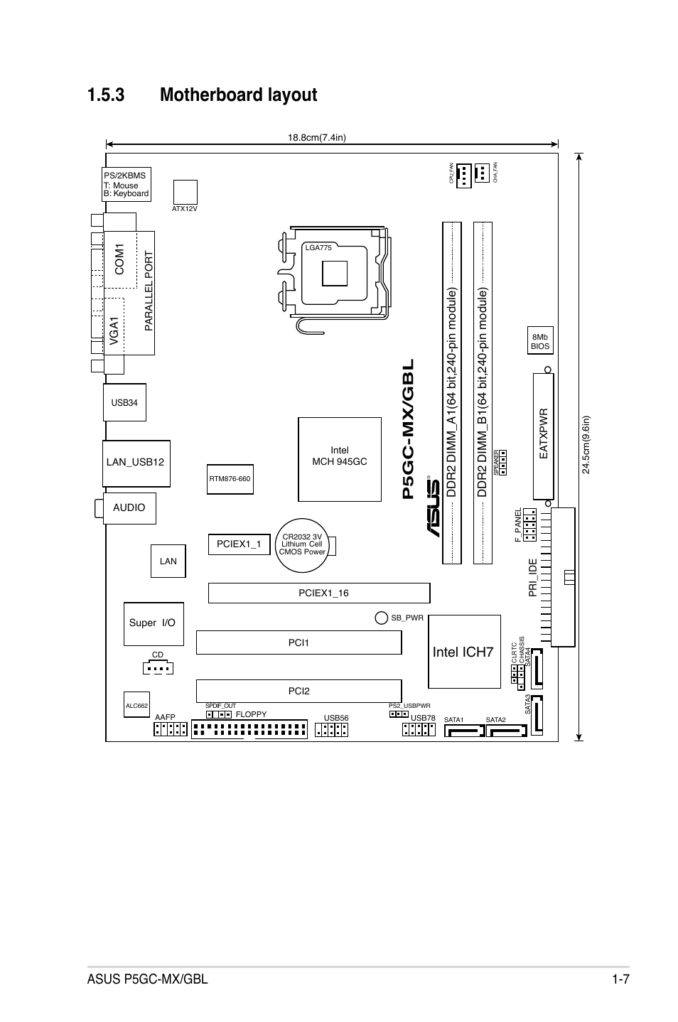 3 motherboard layout, P5gc-mx/gbl, Asus p5gc-mx/gbl 1-7 | Intel ich7 | Asus P5GC-MX/GBL User Manual | Page 19 / 96