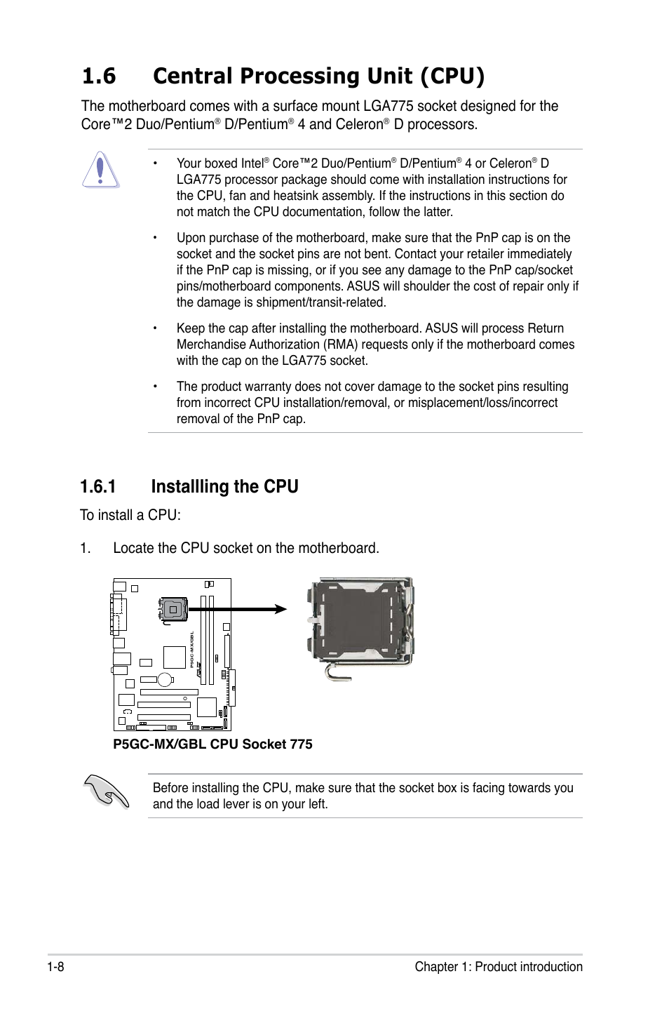 6 central processing unit (cpu), 1 installling the cpu | Asus P5GC-MX/GBL User Manual | Page 20 / 96