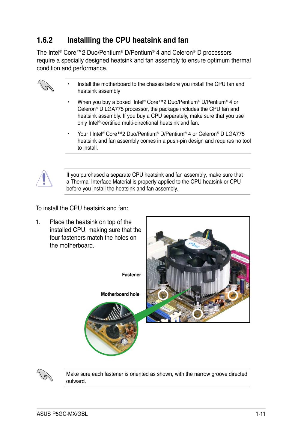 2 installling the cpu heatsink and fan | Asus P5GC-MX/GBL User Manual | Page 23 / 96