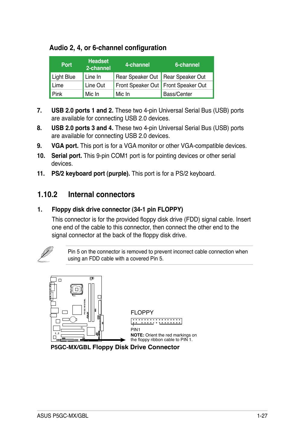 2 internal connectors, Audio 2, 4, or 6-channel configuration | Asus P5GC-MX/GBL User Manual | Page 39 / 96