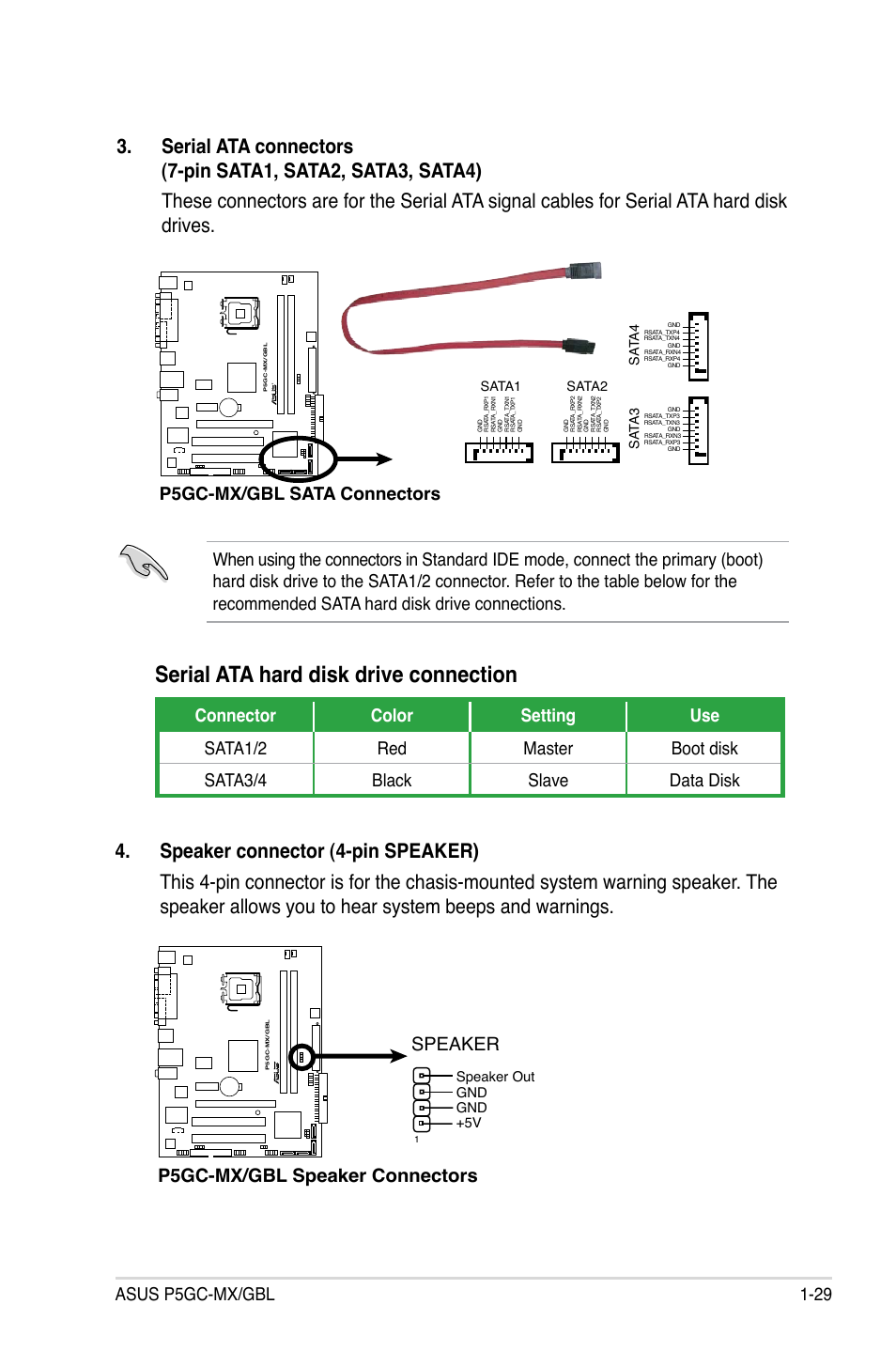 Serial ata hard disk drive connection, Asus p5gc-mx/gbl 1-29, P5gc-mx/gbl sata connectors | P5gc-mx/gbl speaker connectors speaker, Sata1, Sata2, Sa ta 3, Sa ta 4, 5v gnd gnd speaker out | Asus P5GC-MX/GBL User Manual | Page 41 / 96