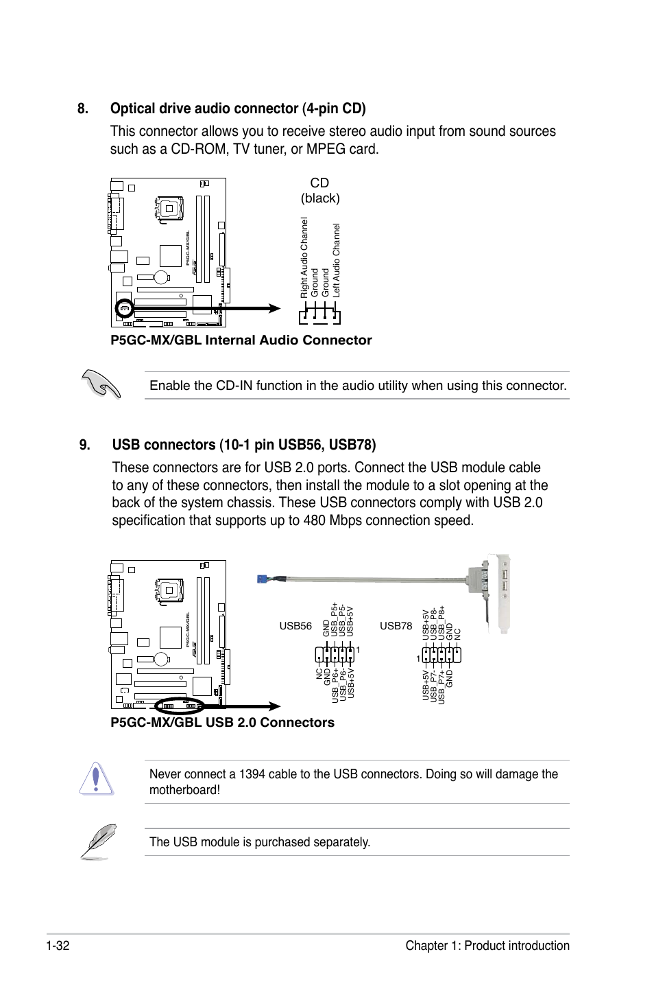 32 chapter 1: product introduction, P5gc-mx/gbl internal audio connector cd (black), P5gc-mx/gbl usb 2.0 connectors | Asus P5GC-MX/GBL User Manual | Page 44 / 96