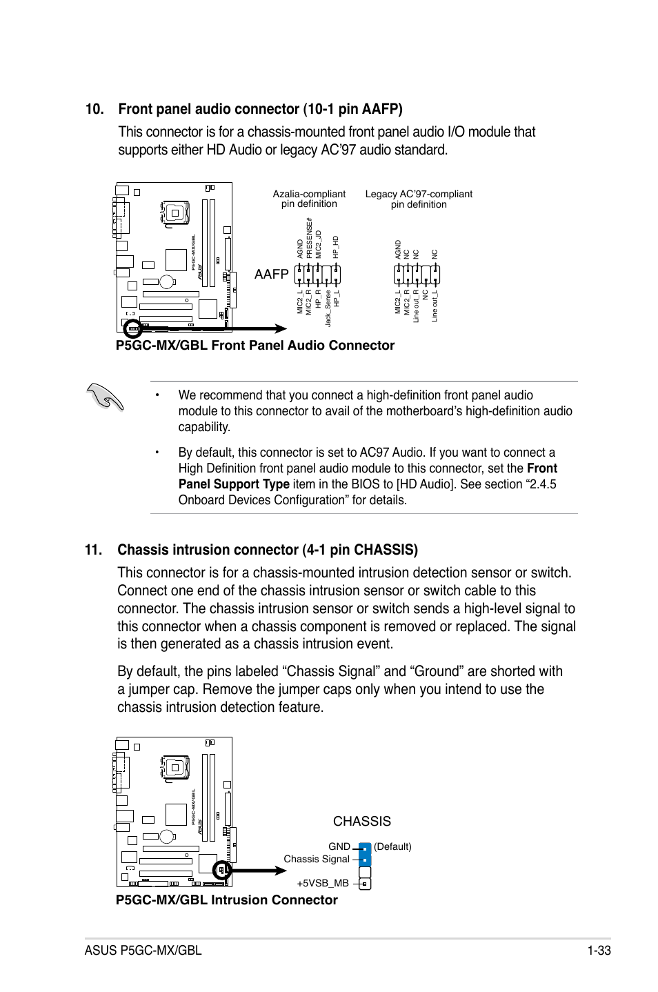 Asus p5gc-mx/gbl 1-33, P5gc-mx/gbl front panel audio connector, Aafp | P5gc-mx/gbl intrusion connector chassis | Asus P5GC-MX/GBL User Manual | Page 45 / 96