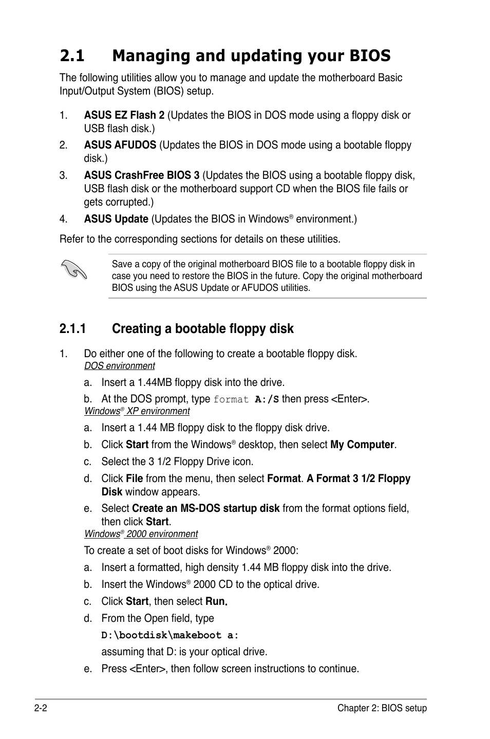 1 managing and updating your bios, 1 creating a bootable floppy disk | Asus P5GC-MX/GBL User Manual | Page 48 / 96