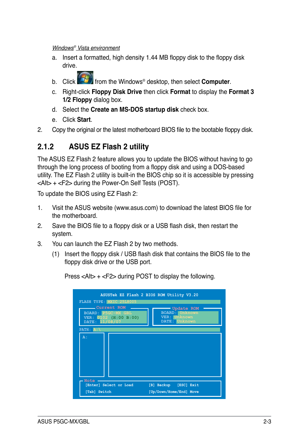 2 asus ez flash 2 utility | Asus P5GC-MX/GBL User Manual | Page 49 / 96