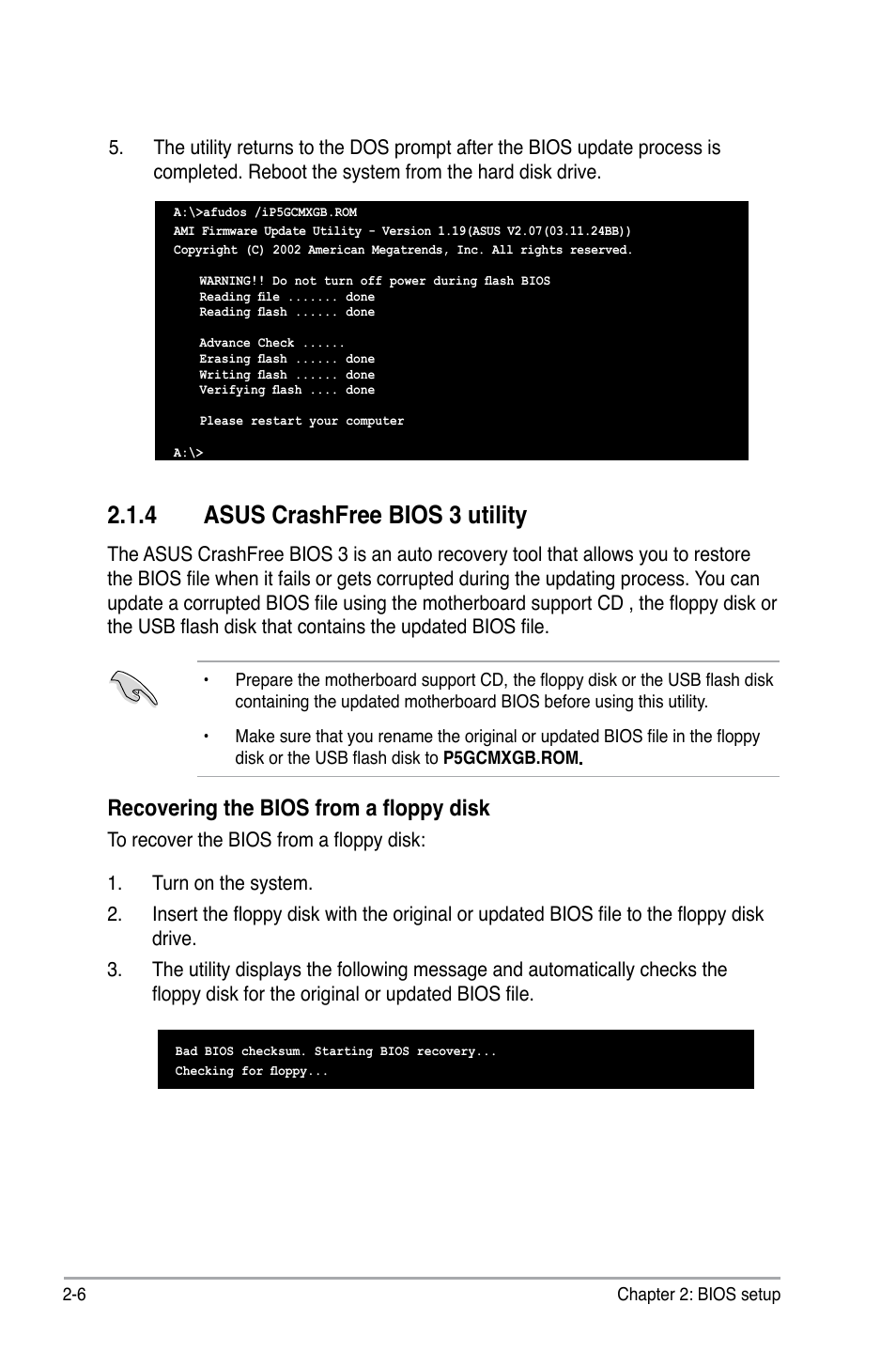 4 asus crashfree bios 3 utility, Recovering the bios from a floppy disk | Asus P5GC-MX/GBL User Manual | Page 52 / 96