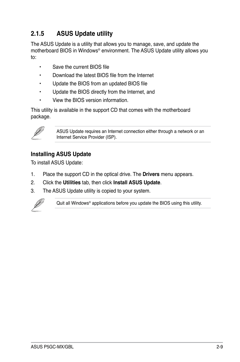 5 asus update utility, Installing asus update | Asus P5GC-MX/GBL User Manual | Page 55 / 96