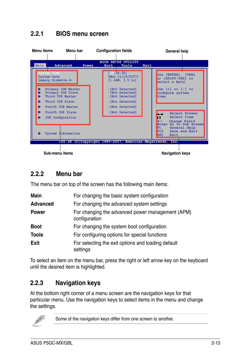 2 menu bar, 1 bios menu screen, 3 navigation keys | Asus P5GC-MX/GBL User Manual | Page 59 / 96