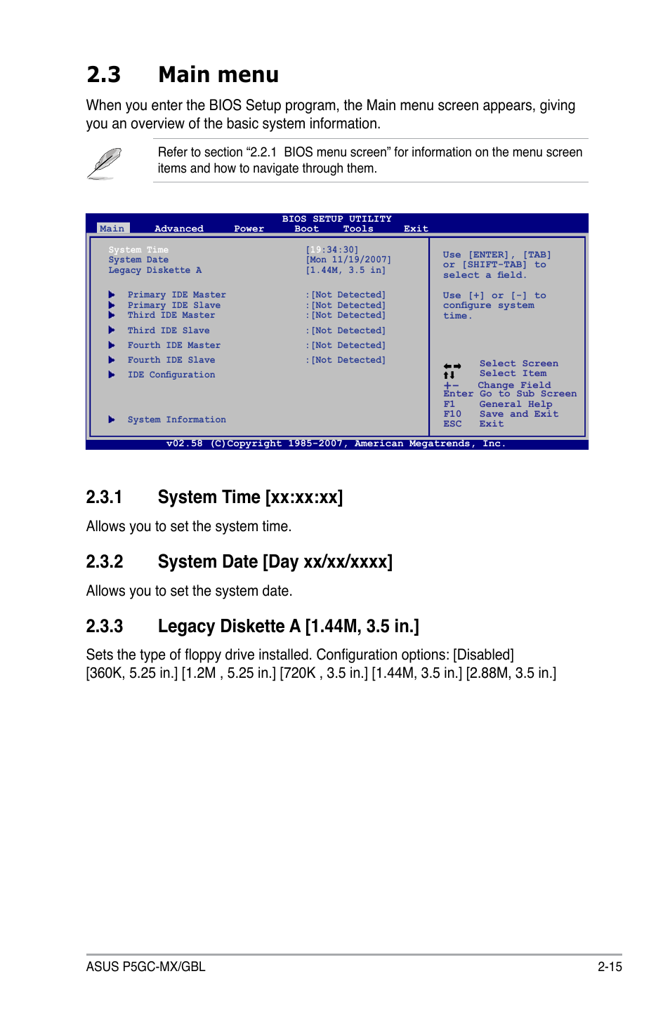 3 main menu, 1 system time [xx:xx:xx, Allows you to set the system time | Allows you to set the system date | Asus P5GC-MX/GBL User Manual | Page 61 / 96