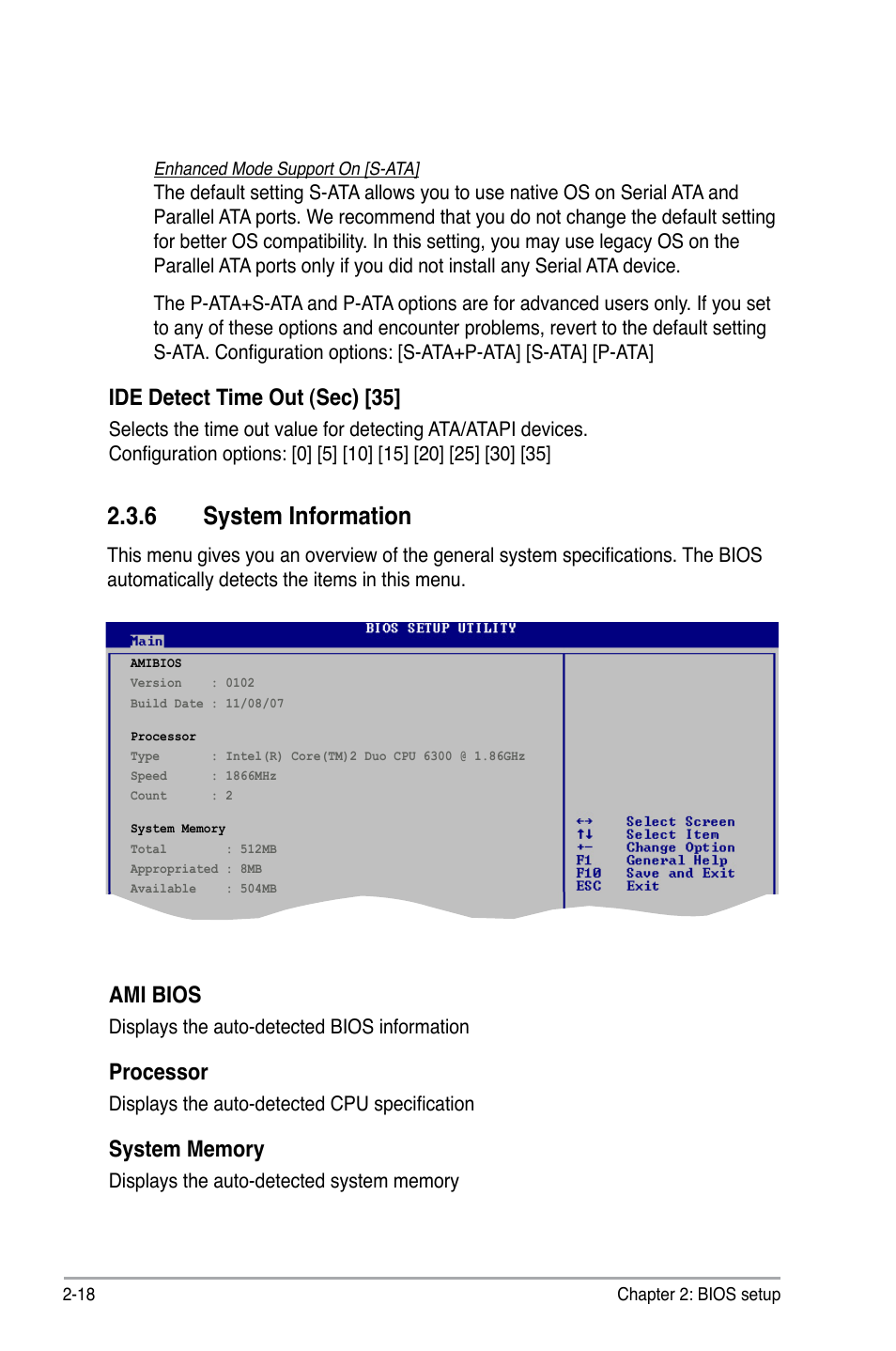 6 system information, Ide detect time out (sec) [35, Ami bios | Processor | Asus P5GC-MX/GBL User Manual | Page 64 / 96