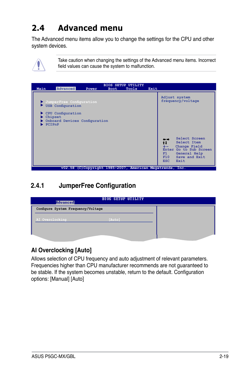 4 advanced menu, 1 jumperfree configuration, Ai overclocking [auto | Asus P5GC-MX/GBL User Manual | Page 65 / 96