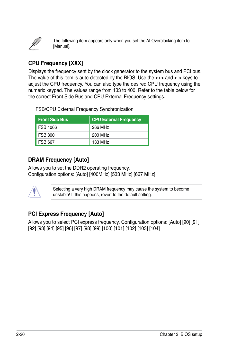 Dram frequency [auto, Cpu frequency [xxx, Pci express frequency [auto | Asus P5GC-MX/GBL User Manual | Page 66 / 96