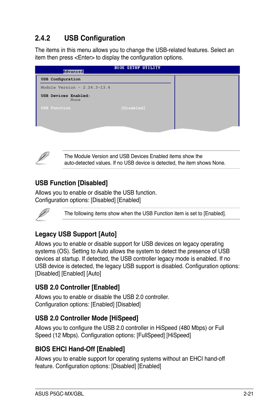 2 usb configuration, Usb function [disabled, Legacy usb support [auto | Usb 2.0 controller [enabled, Usb 2.0 controller mode [hispeed, Bios ehci hand-off [enabled | Asus P5GC-MX/GBL User Manual | Page 67 / 96