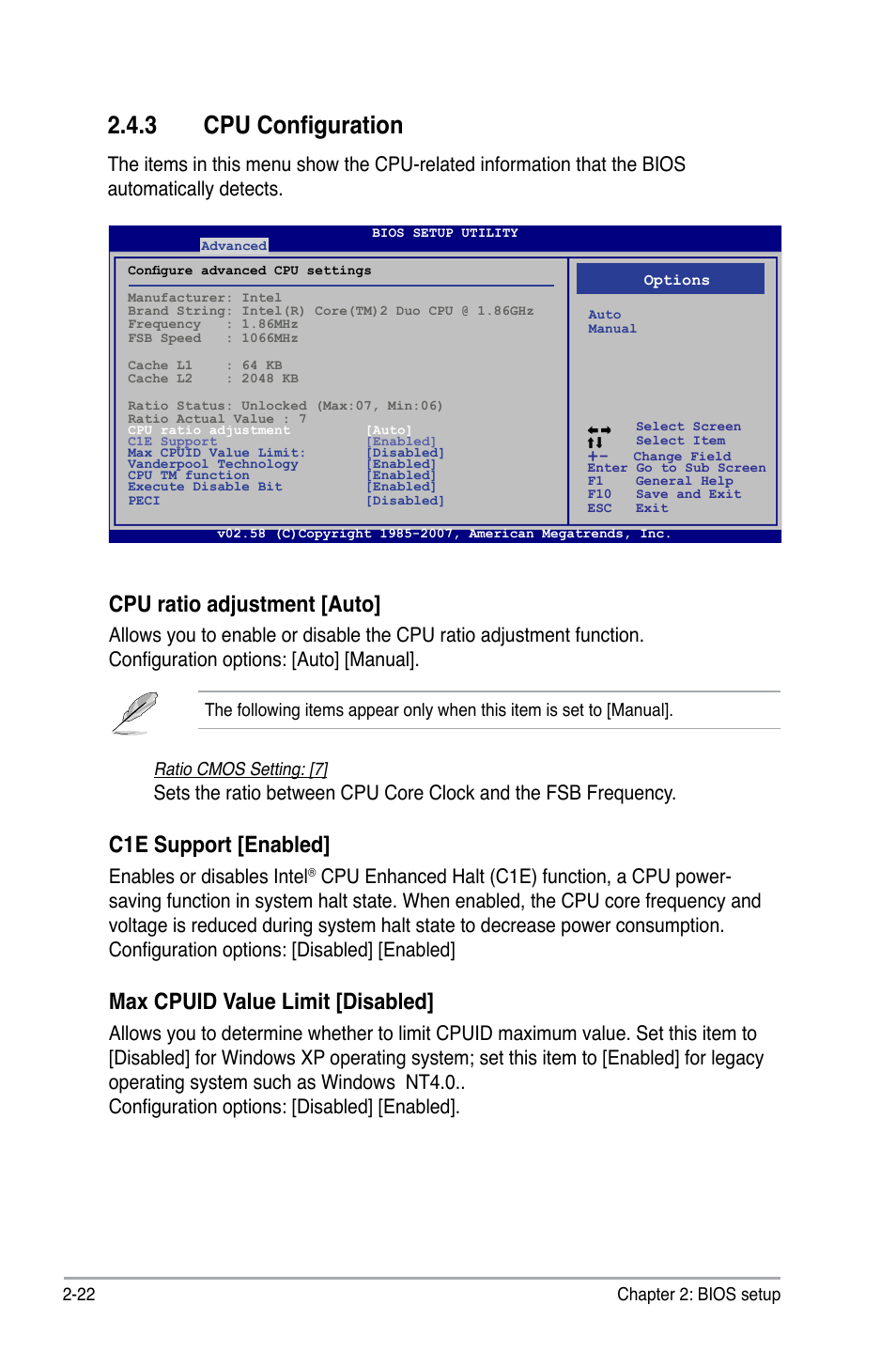 3 cpu configuration, Cpu ratio adjustment [auto, C1e support [enabled | Max cpuid value limit [disabled, Enables or disables intel | Asus P5GC-MX/GBL User Manual | Page 68 / 96