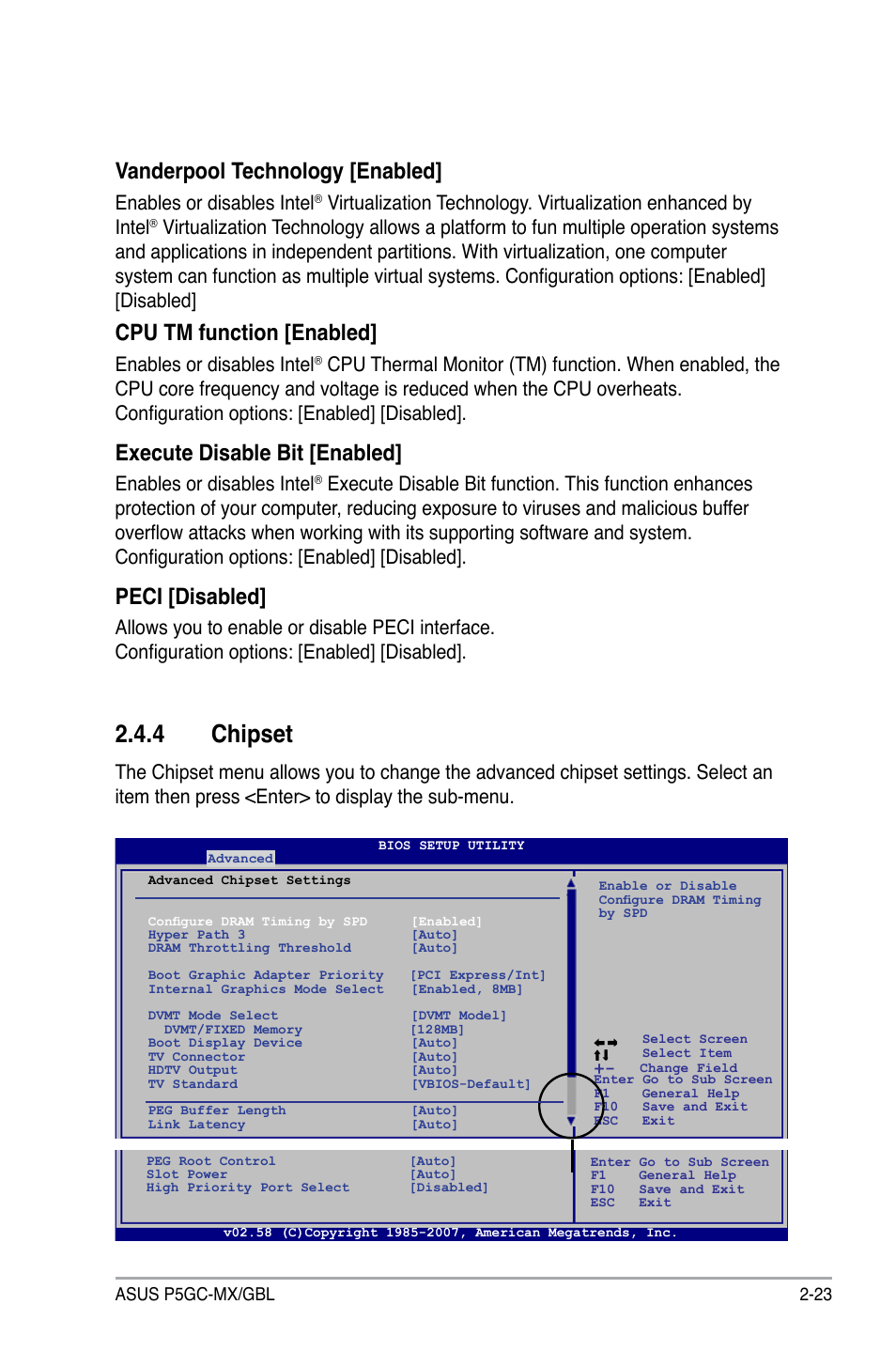 4 chipset, Vanderpool technology [enabled, Cpu tm function [enabled | Execute disable bit [enabled, Peci [disabled, Enables or disables intel | Asus P5GC-MX/GBL User Manual | Page 69 / 96