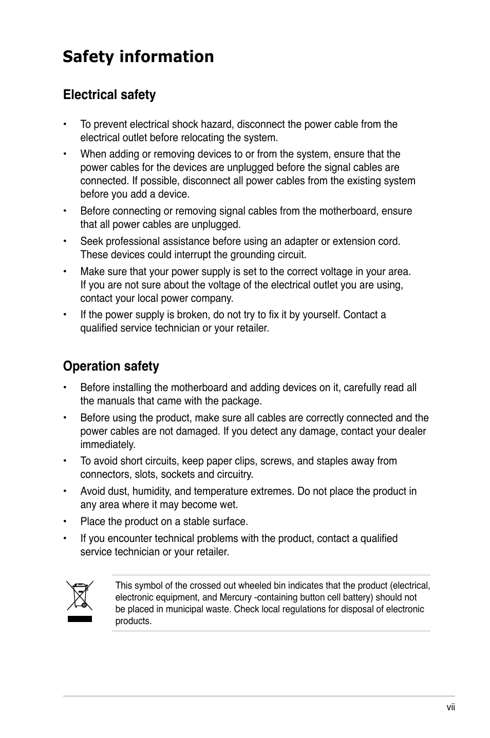 Safety information, Electrical safety, Operation safety | Asus P5GC-MX/GBL User Manual | Page 7 / 96